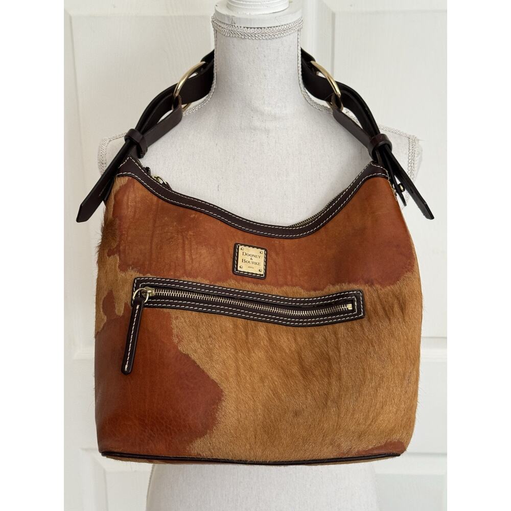 Dooney & Bourke Tan Calf Hair Leather Medium Stretch Slouch Purse Shoulder Bag